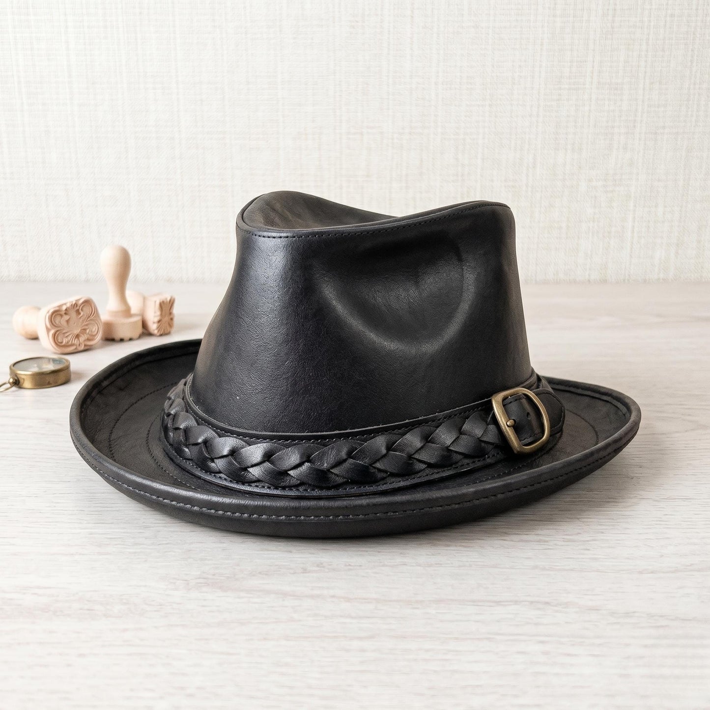 Handmade Black Leather Fedora Hat – Vintage Western Elegance for Men
