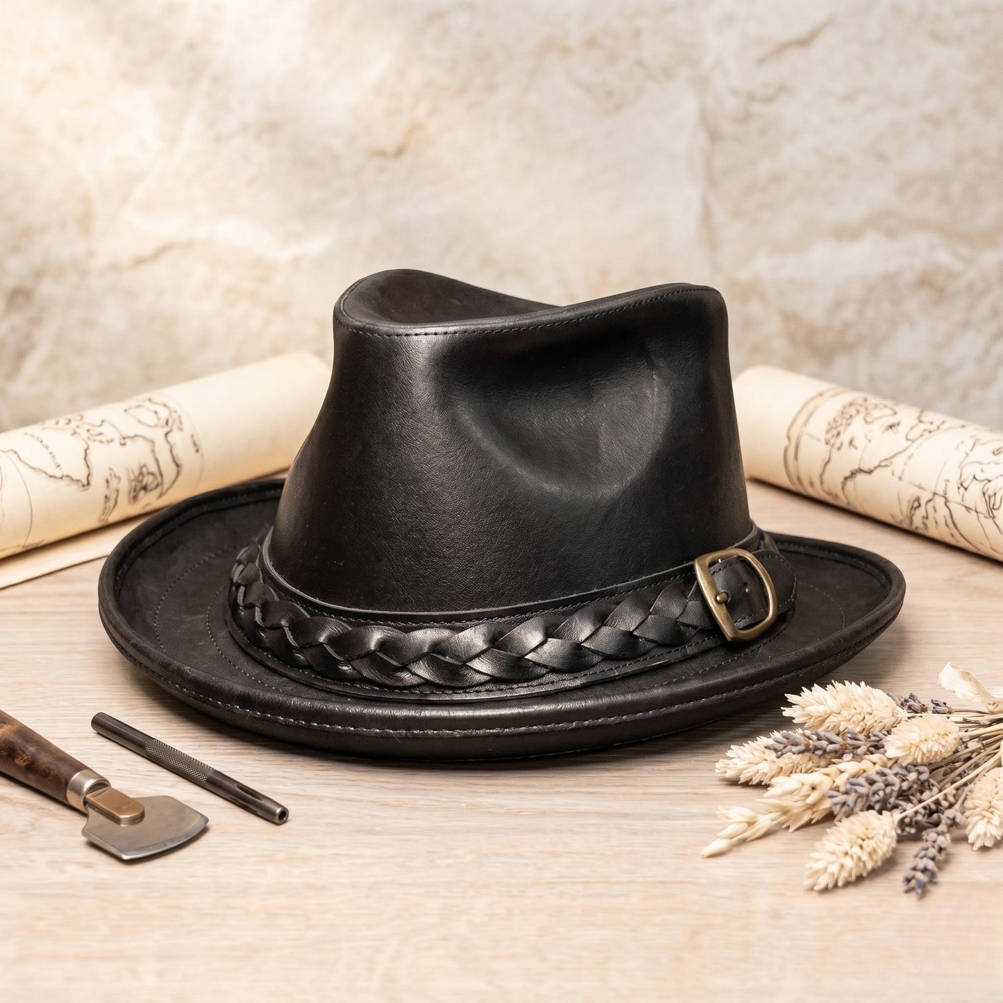 Handmade Black Leather Fedora Hat – Vintage Western Elegance for Men