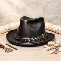 Handmade Black Leather Fedora Hat – Vintage Western Elegance for Men
