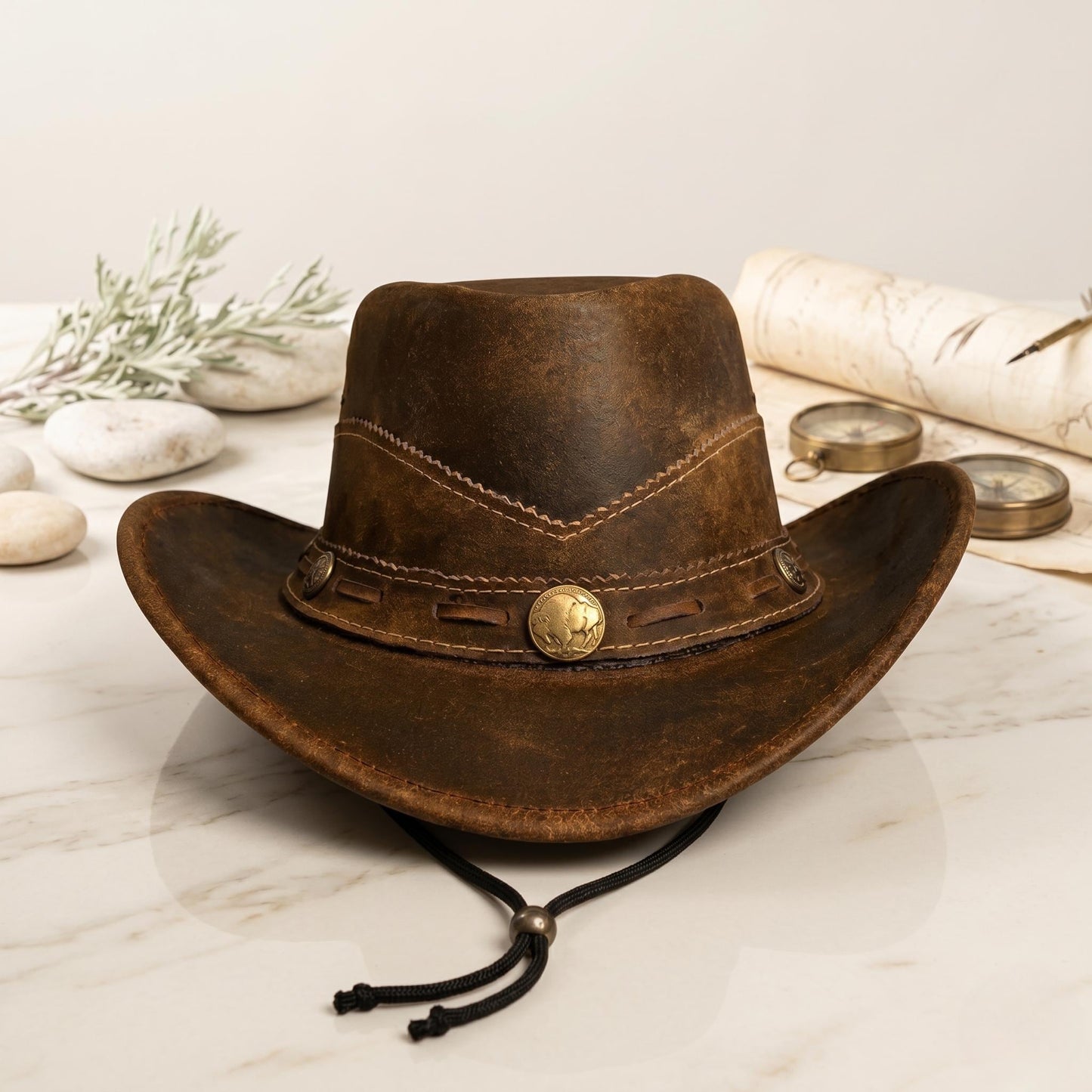 Distressed Brown Leather Cowboy Hat – Authentic Handmade Western Style