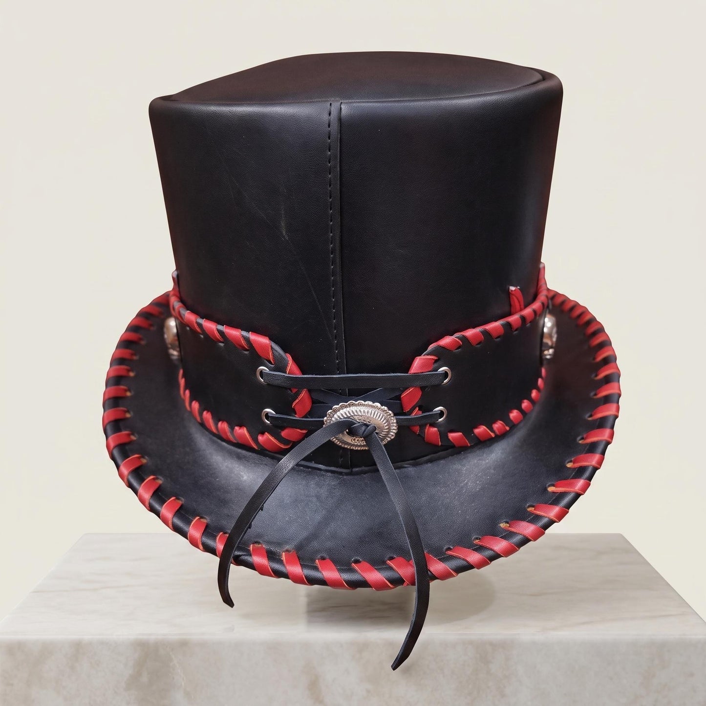 Rebel Edge Black Leather Top Hat – Red Flames & Skull Emblem