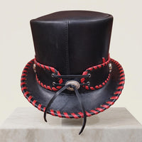 Rebel Edge Black Leather Top Hat – Red Flames & Skull Emblem