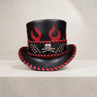 Rebel Edge Black Leather Top Hat – Red Flames & Skull Emblem