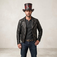 Rebel Edge Black Leather Top Hat – Red Flames & Skull Emblem