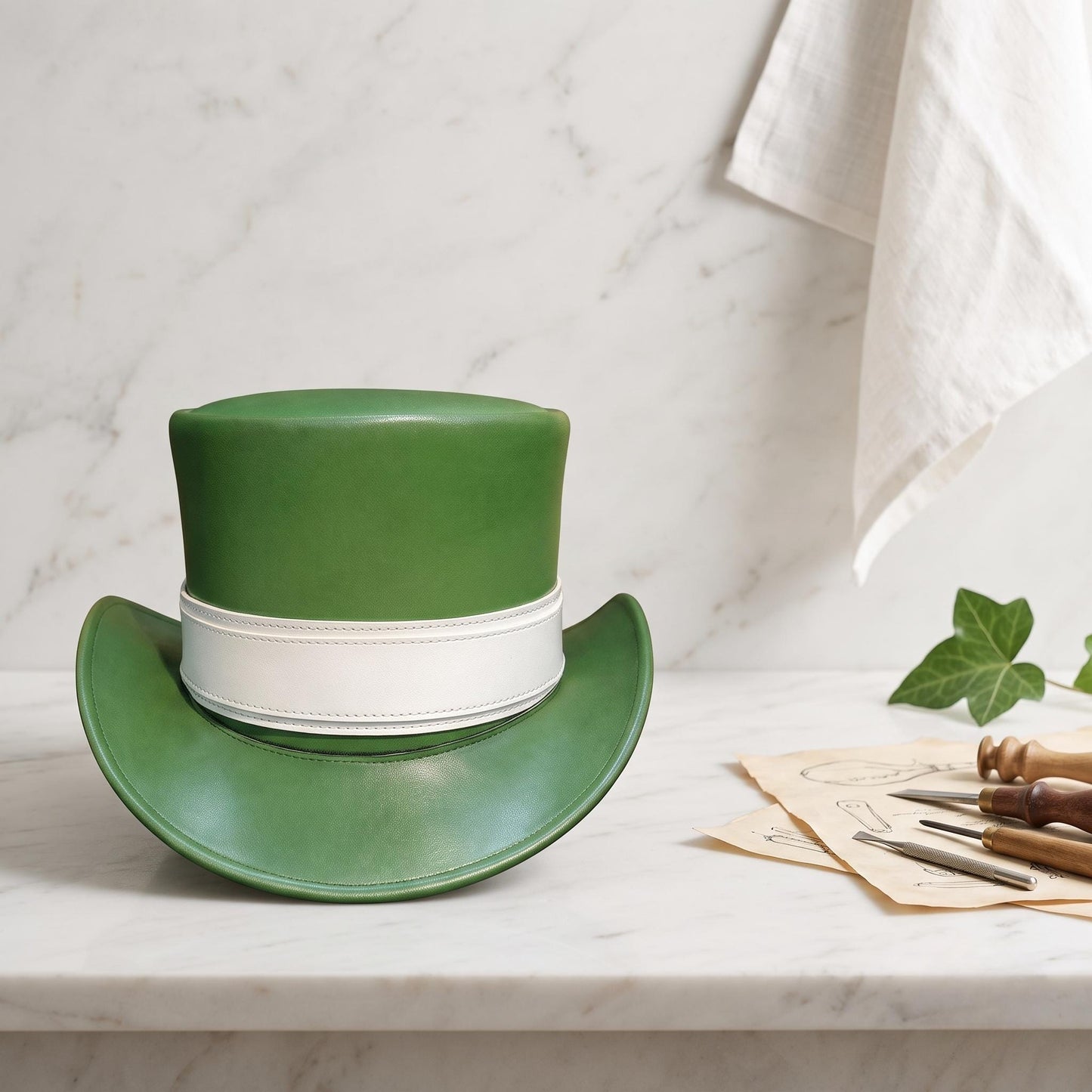 Elegant Green Leather Top Hat with White Band – Classic Vintage Silhouette