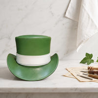 Elegant Green Leather Top Hat with White Band – Classic Vintage Silhouette