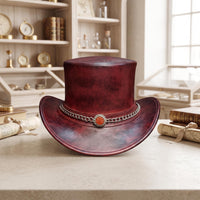 Handmade Distressed Red Leather Steampunk Top Hat – Victorian Chain Detail