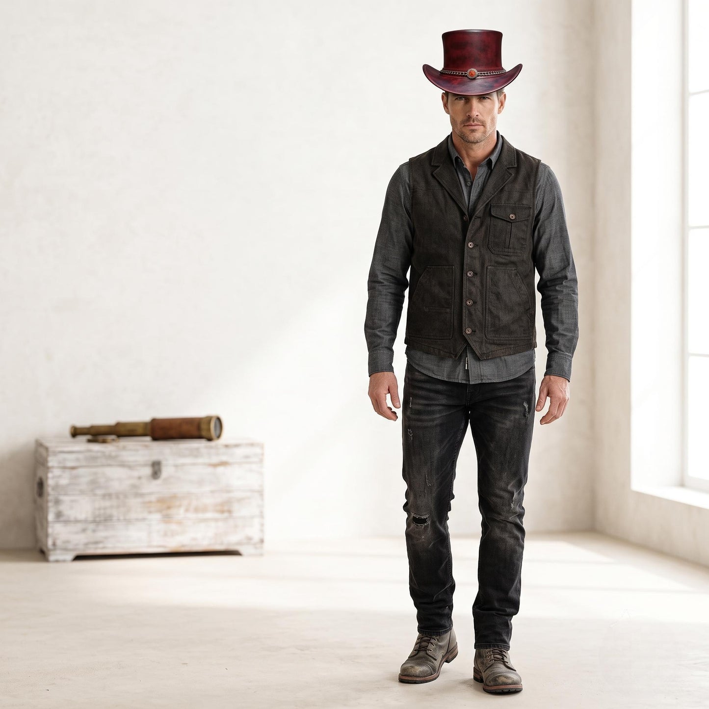 Handmade Distressed Red Leather Steampunk Top Hat – Victorian Chain Detail
