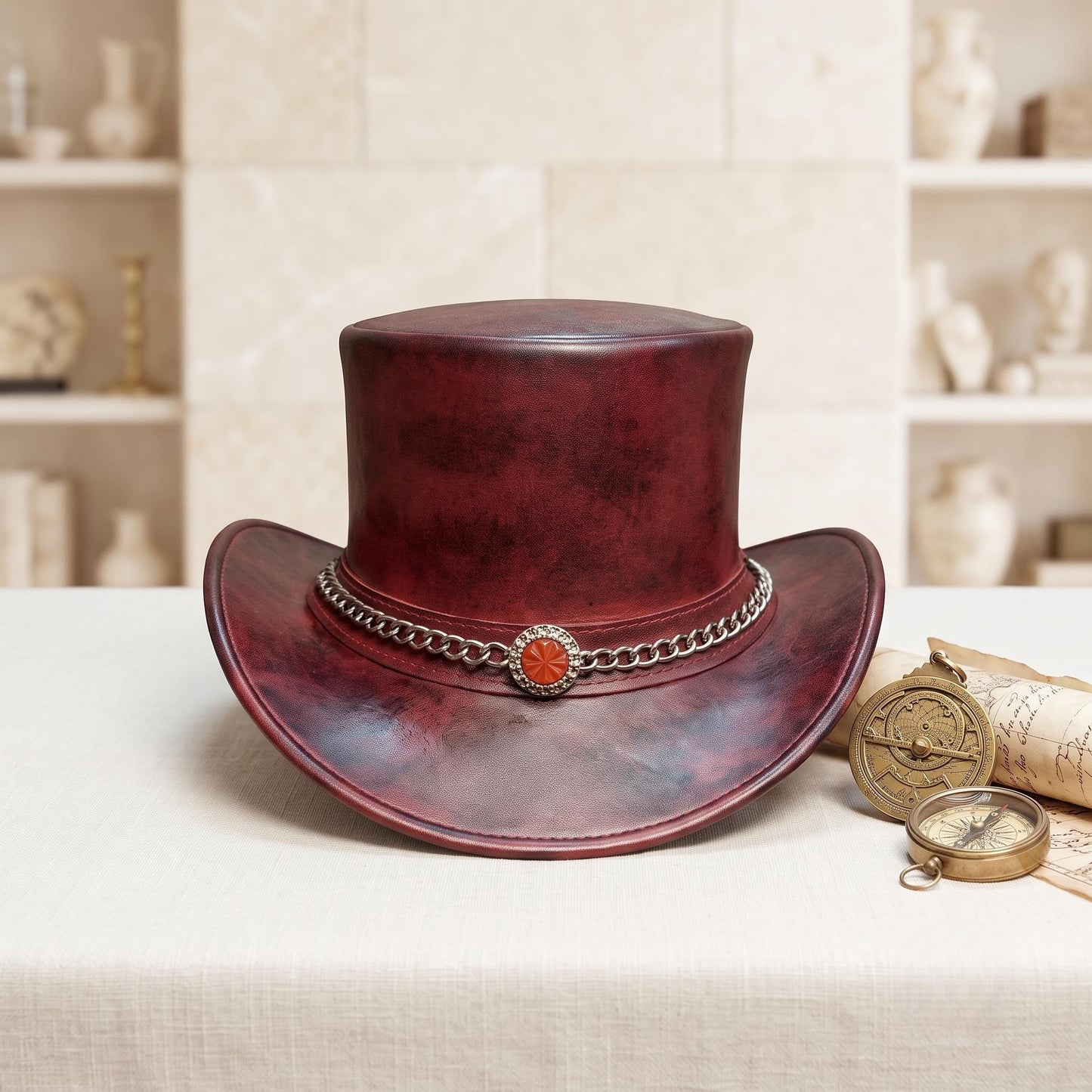 Handmade Distressed Red Leather Steampunk Top Hat – Victorian Chain Detail