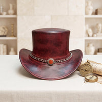 Handmade Distressed Red Leather Steampunk Top Hat – Victorian Chain Detail