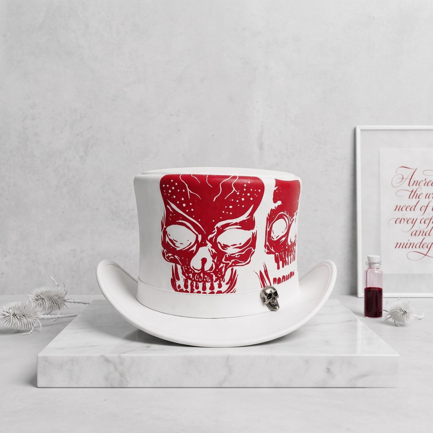 Gothic Red Skull Top Hat – White Leather Punk Rock Biker Statement Accessory