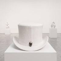 Gothic Red Skull Top Hat – White Leather Punk Rock Biker Statement Accessory