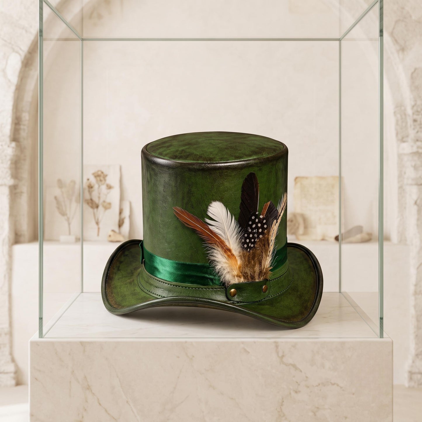 Handmade Green Steampunk Top Hat | Victorian & Mad Hatter Leather Hat