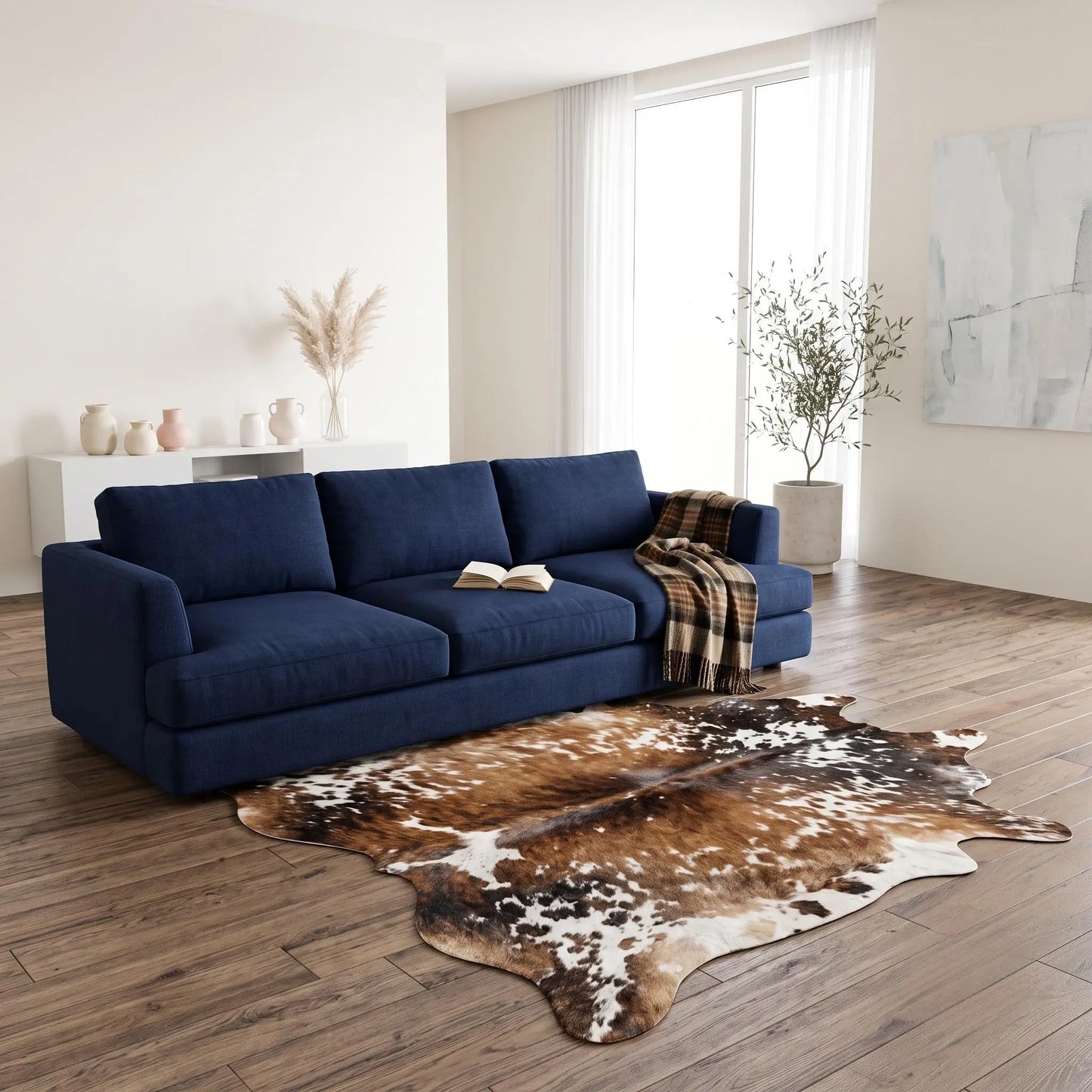 Elevate Your Space: Authentic Tricolor Cowhide Rug by TAKEKO LEATHER