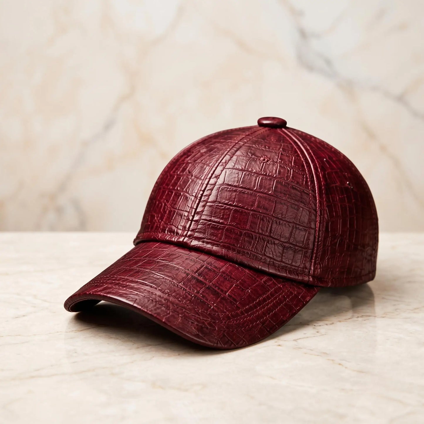 Burgundy Crocodile Embossed Leather Baseball Cap – Luxury Unisex Streetwear