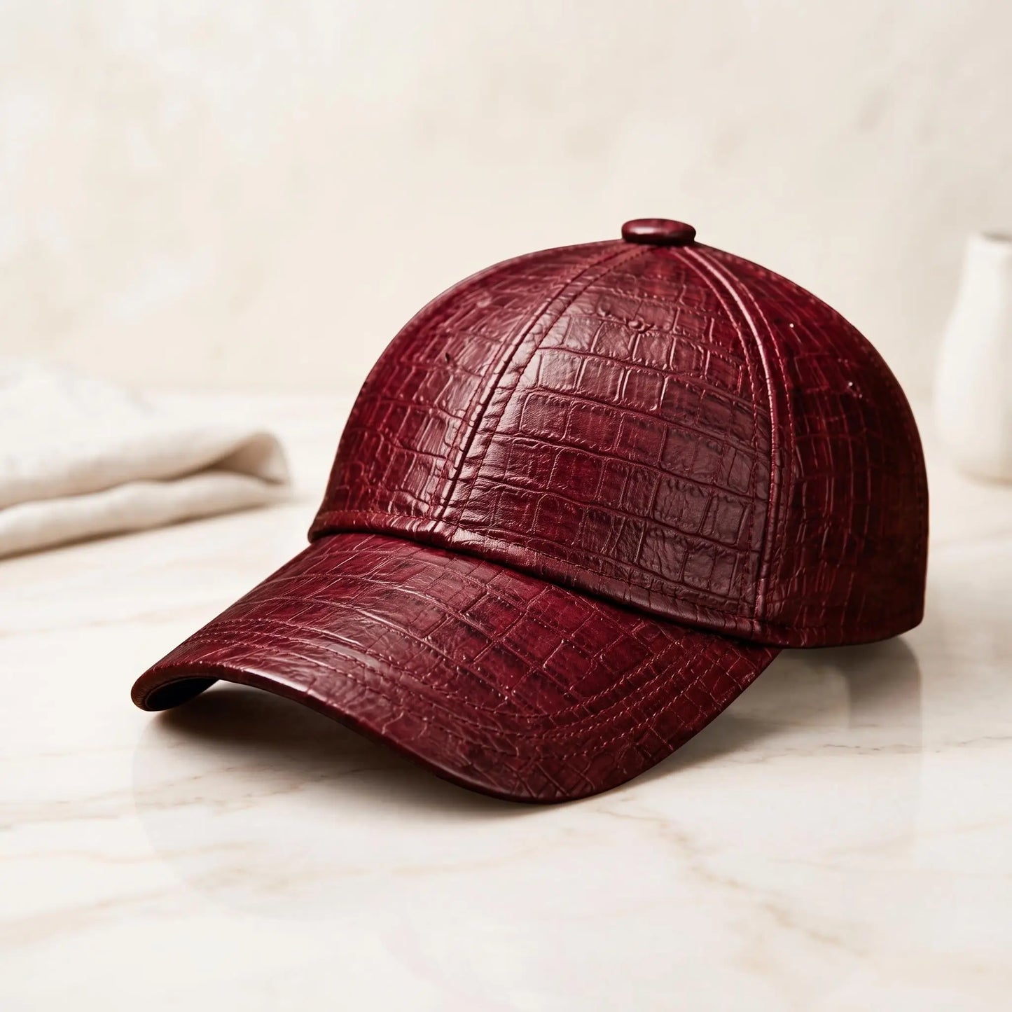 Burgundy Crocodile Embossed Leather Baseball Cap – Luxury Unisex Streetwear