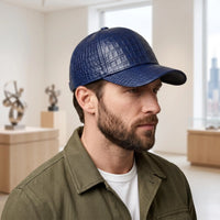 TAKEKO LEATHER Blue Croc-Embossed Leather Baseball Cap