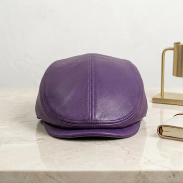 Handcrafted Purple Leather Flat Cap – Vintage Ivy Newsboy Driving Hat