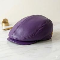 Handcrafted Purple Leather Flat Cap – Vintage Ivy Newsboy Driving Hat