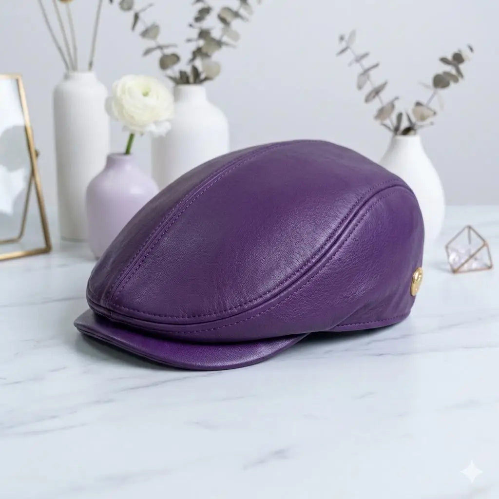 Handcrafted Purple Leather Flat Cap – Vintage Ivy Newsboy Driving Hat