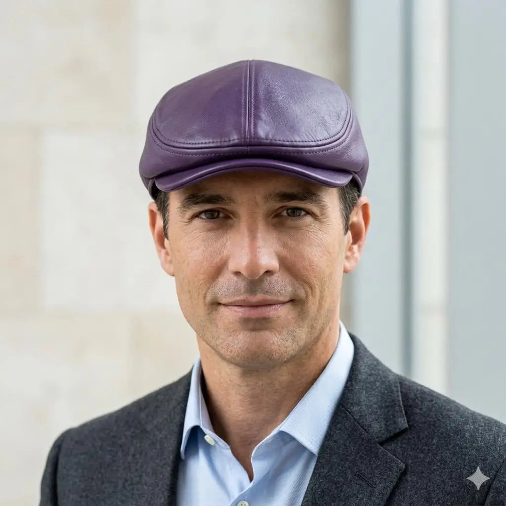 Handcrafted Purple Leather Flat Cap – Vintage Ivy Newsboy Driving Hat