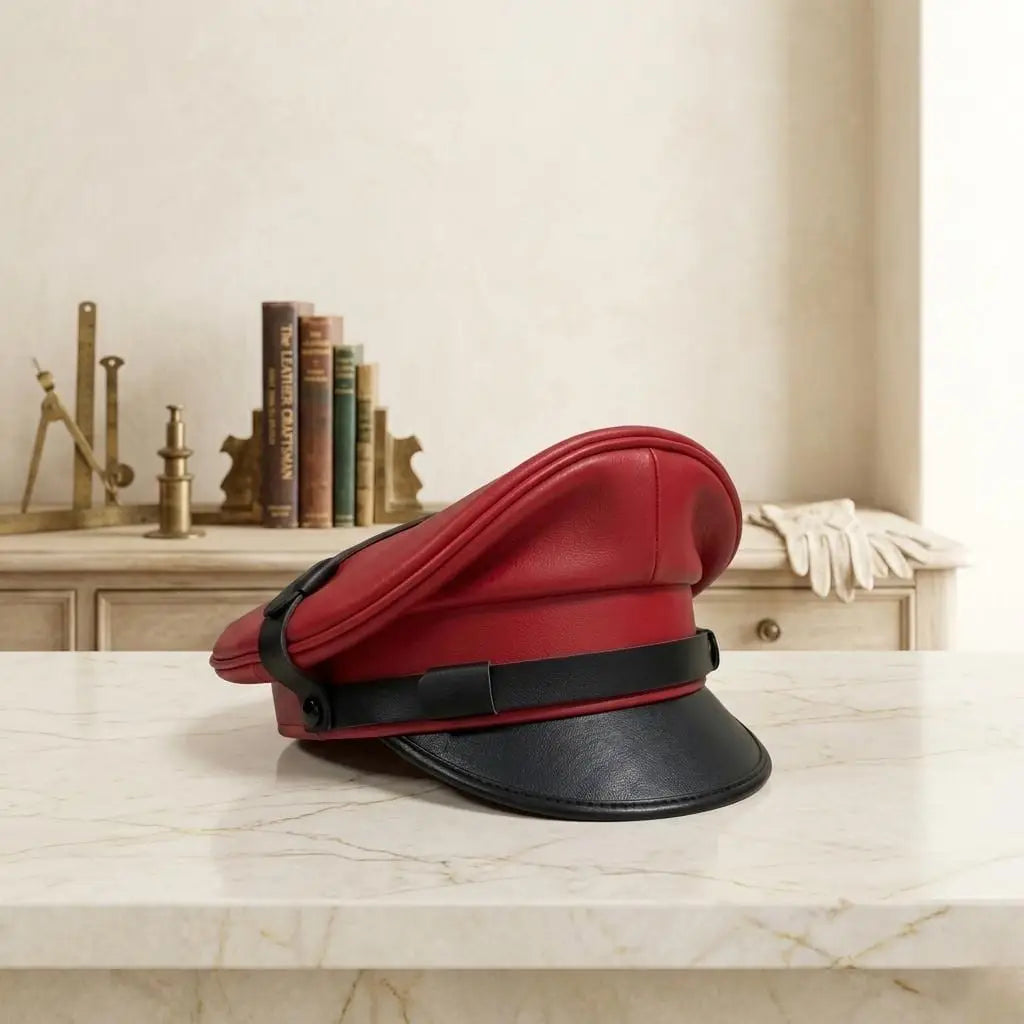 Handmade Red & Black Leather Captain Cap – Gothic Biker Cosplay Statement Headwear