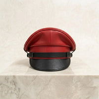 Handmade Red & Black Leather Captain Cap – Gothic Biker Cosplay Statement Headwear