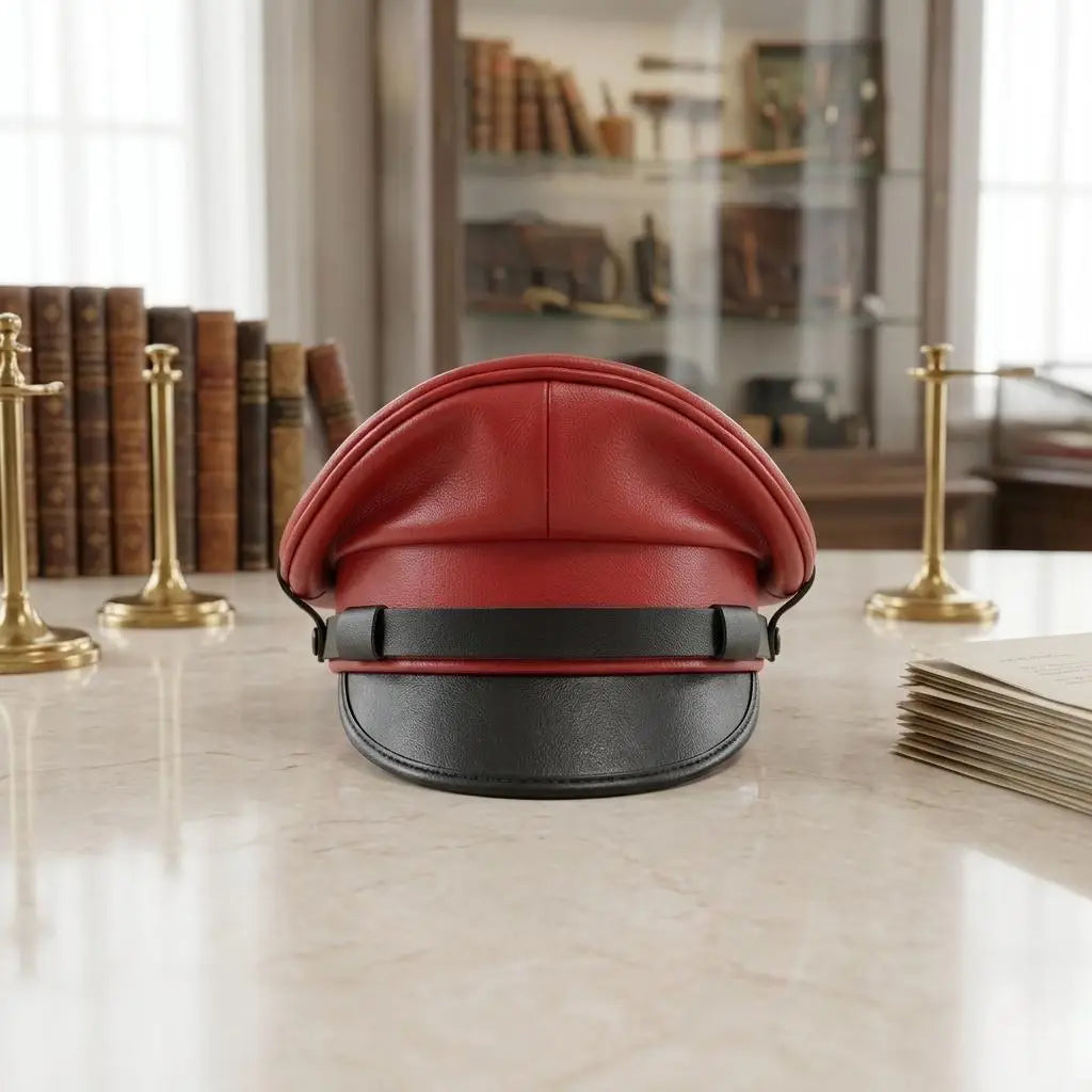 Handmade Red & Black Leather Captain Cap – Gothic Biker Cosplay Statement Headwear