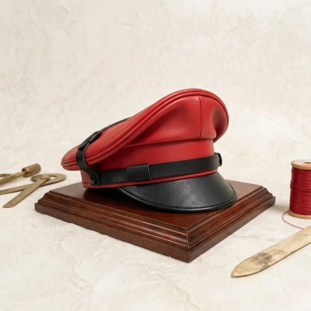 Handmade Red & Black Leather Captain Cap – Gothic Biker Cosplay Statement Headwear