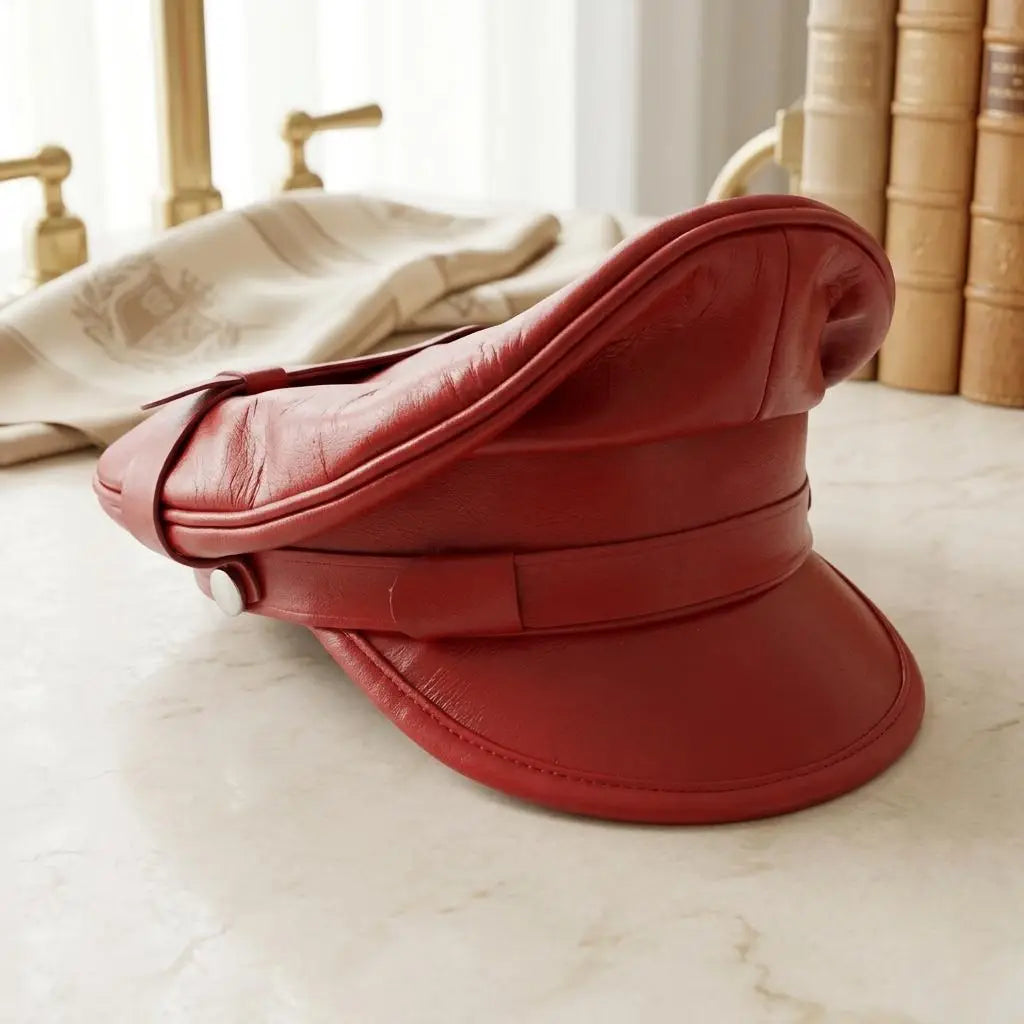 Red Leather Military Officer Cap – Peaked Uniform Hat for Alternative Fashion