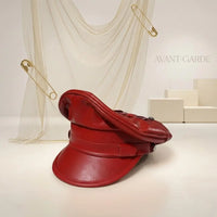 Red Leather Military Officer Cap – Peaked Uniform Hat for Alternative Fashion
