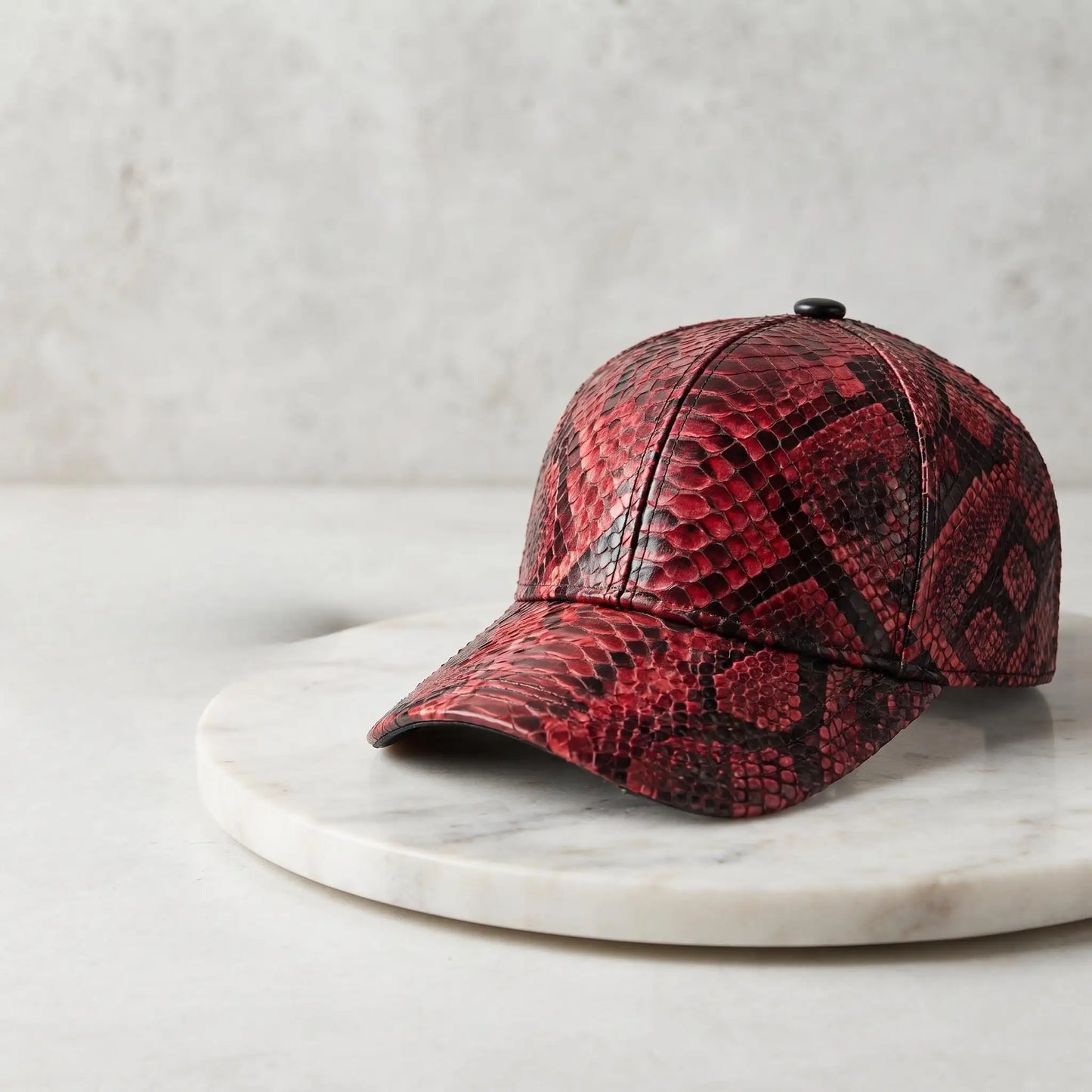 Luxury Red & Black Python Leather Baseball Cap – Exotic Headwear
