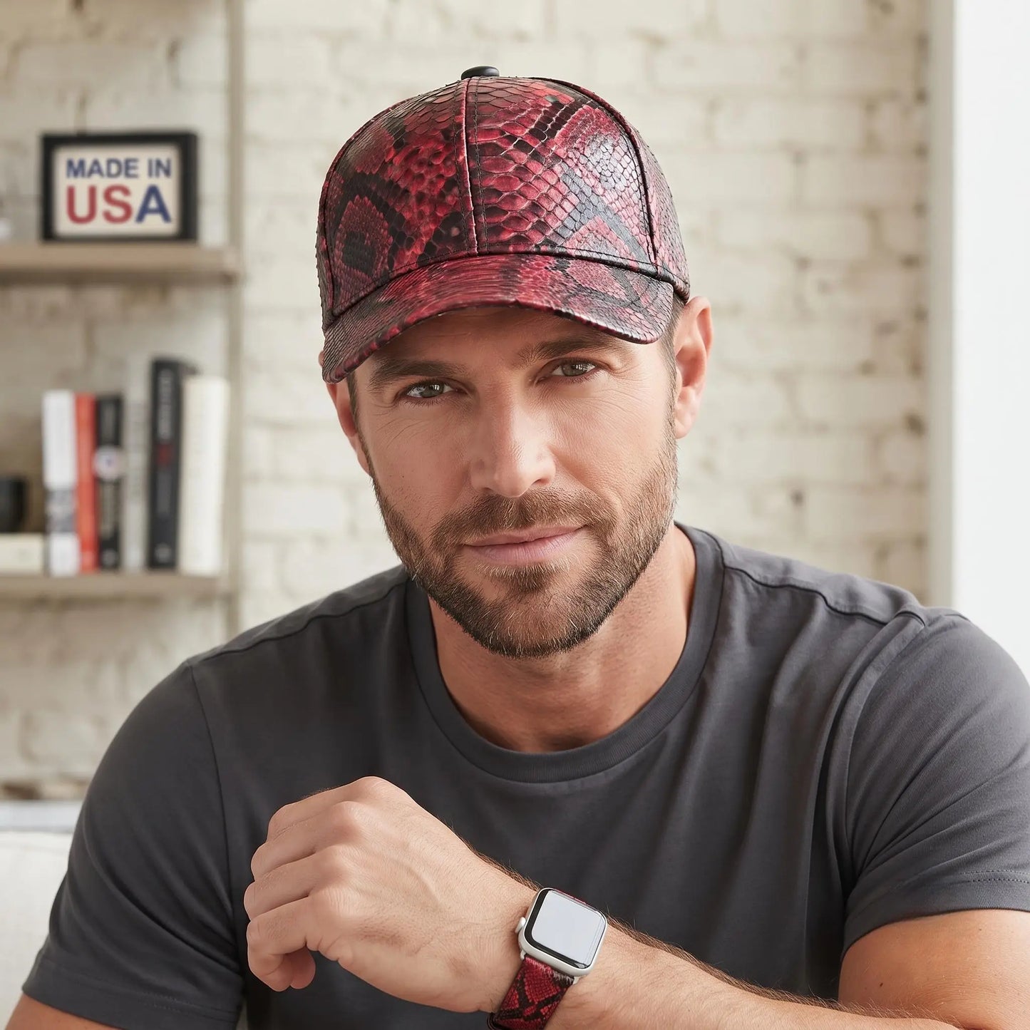 Luxury Red & Black Python Leather Baseball Cap – Exotic Headwear