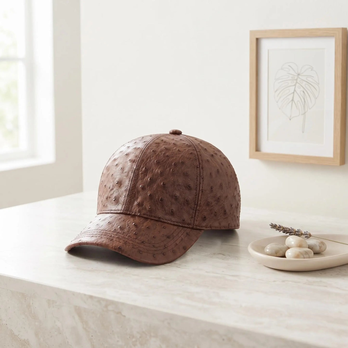 Handcrafted Brown Ostrich Leather Baseball Cap | Exotic Headwear