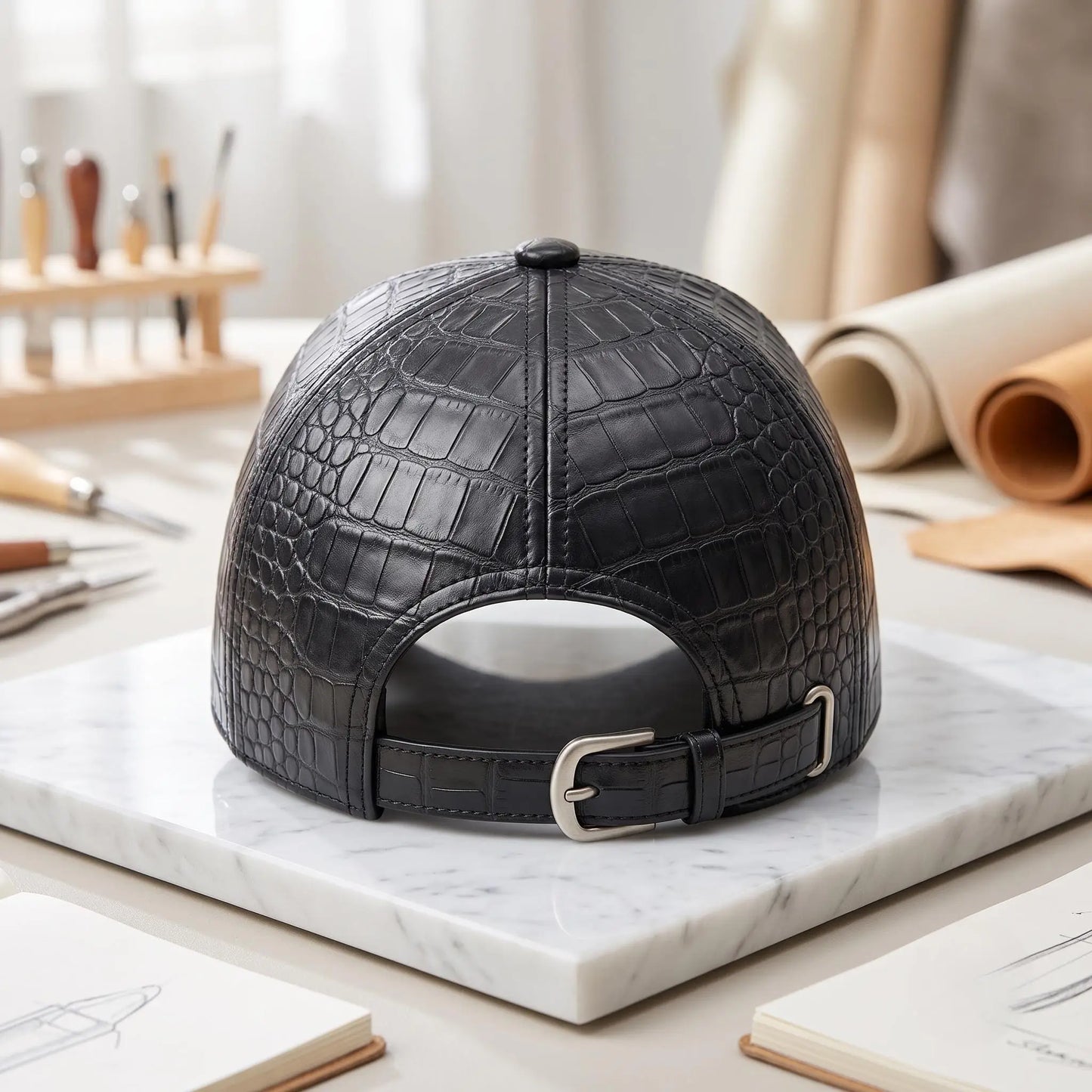 TAKEKO LEATHER Black Crocodile-Embossed Leather Baseball Cap – Luxury Streetwear