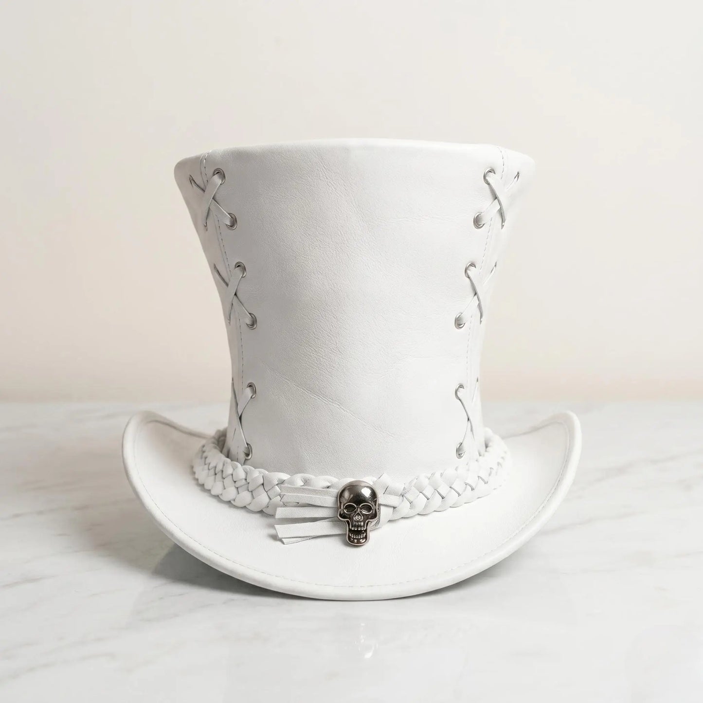 White Leather Steampunk Top Hat | Gothic Victorian Skull Band Edition