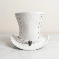 White Leather Steampunk Top Hat | Gothic Victorian Skull Band Edition