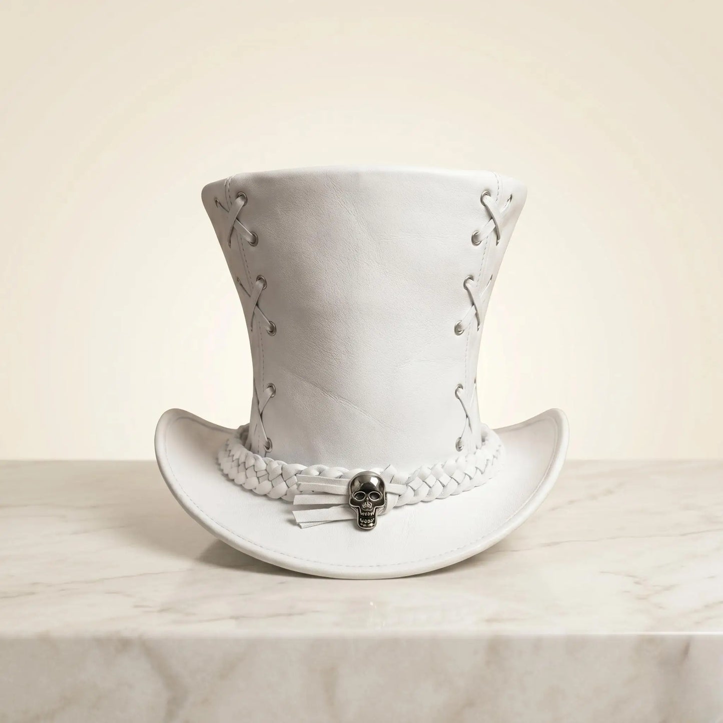 White Leather Steampunk Top Hat | Gothic Victorian Skull Band Edition