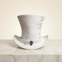 White Leather Steampunk Top Hat | Gothic Victorian Skull Band Edition