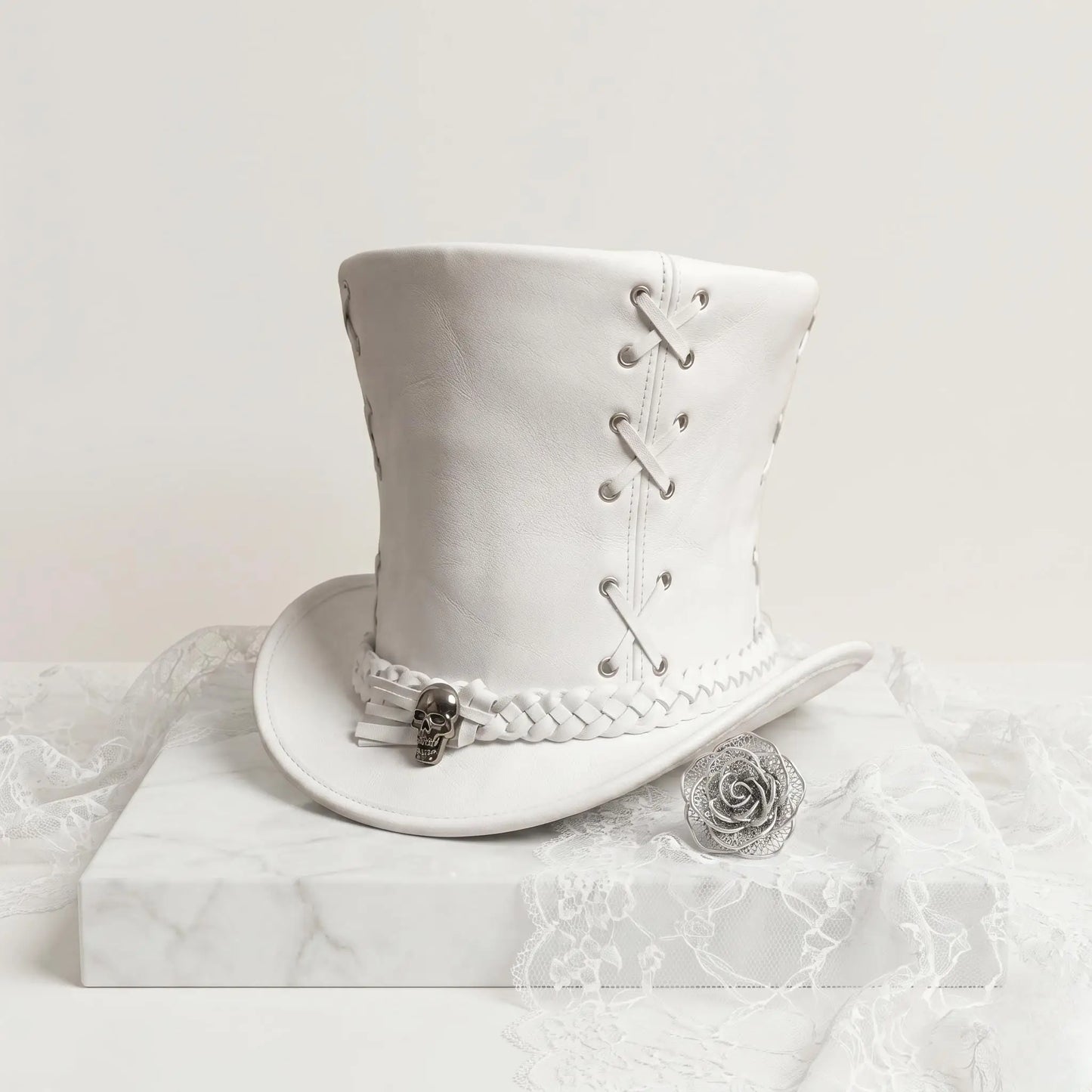White Leather Steampunk Top Hat | Gothic Victorian Skull Band Edition