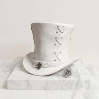 White Leather Steampunk Top Hat | Gothic Victorian Skull Band Edition