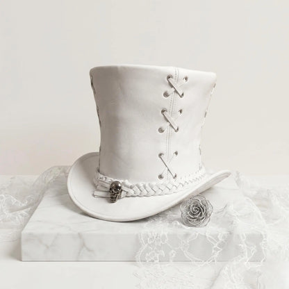 White Leather Steampunk Top Hat | Gothic Victorian Skull Band Edition