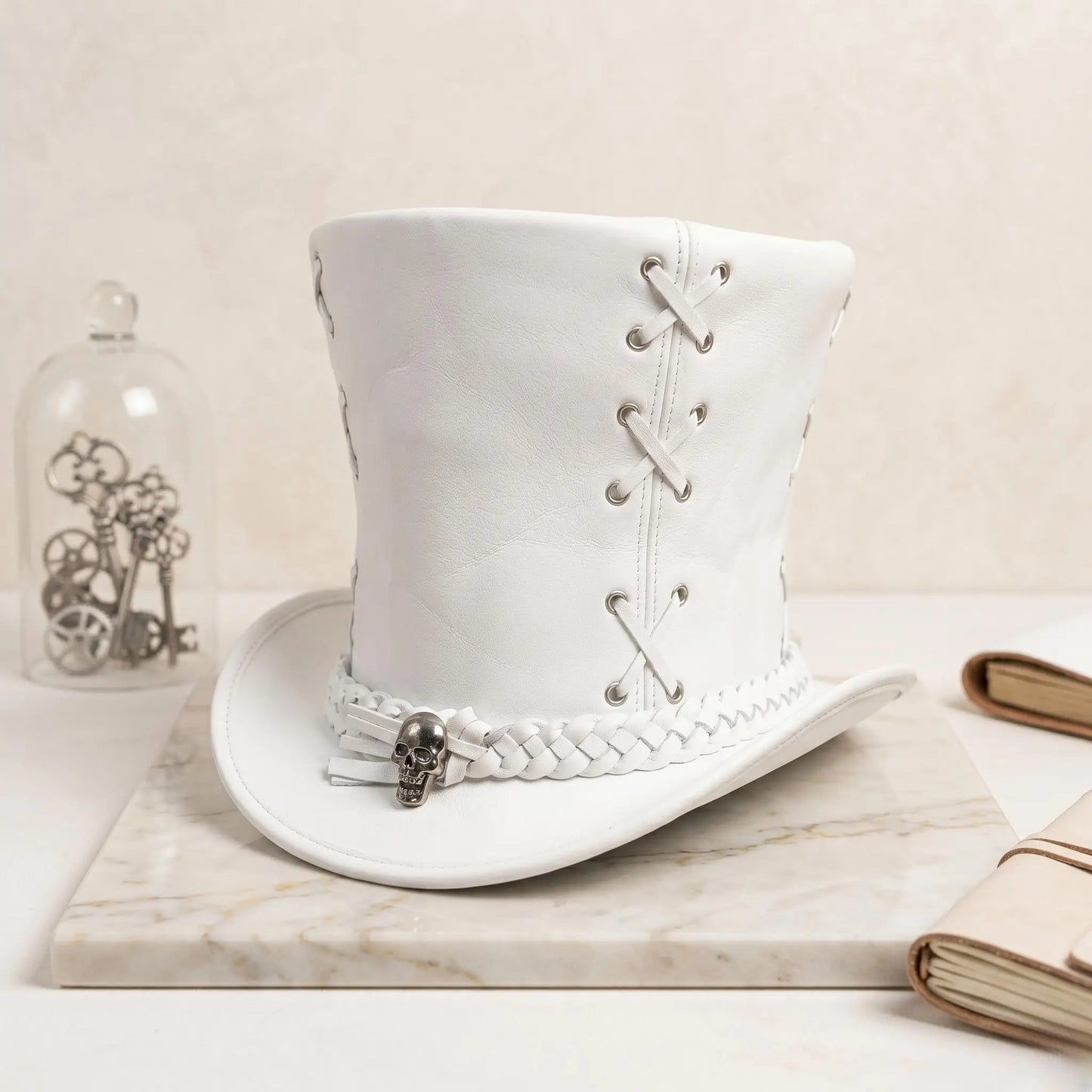 White Leather Steampunk Top Hat | Gothic Victorian Skull Band Edition