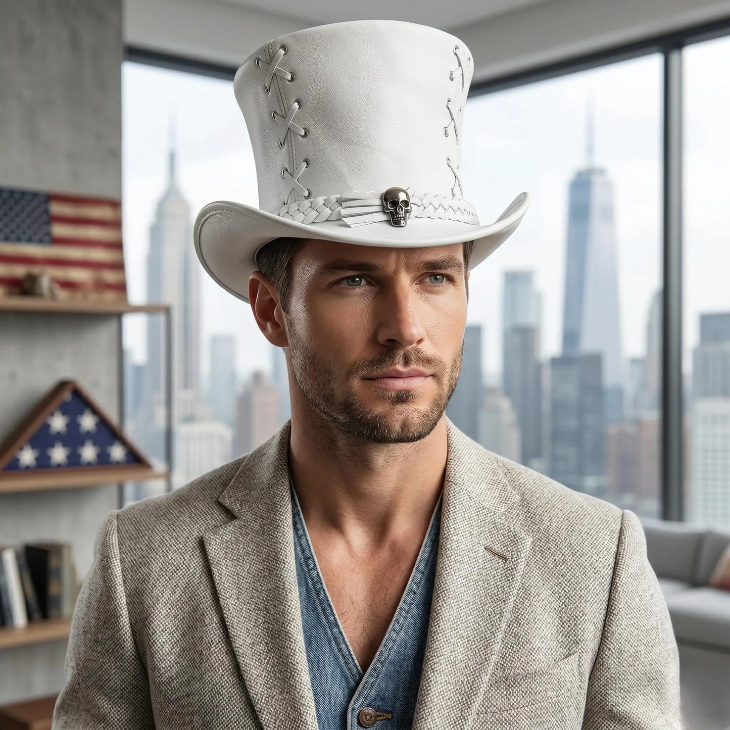 White Leather Steampunk Top Hat | Gothic Victorian Skull Band Edition