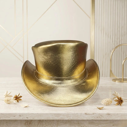 Handmade Gold Leather Steampunk Top Hat – Metallic Festival & Cosplay Headwear