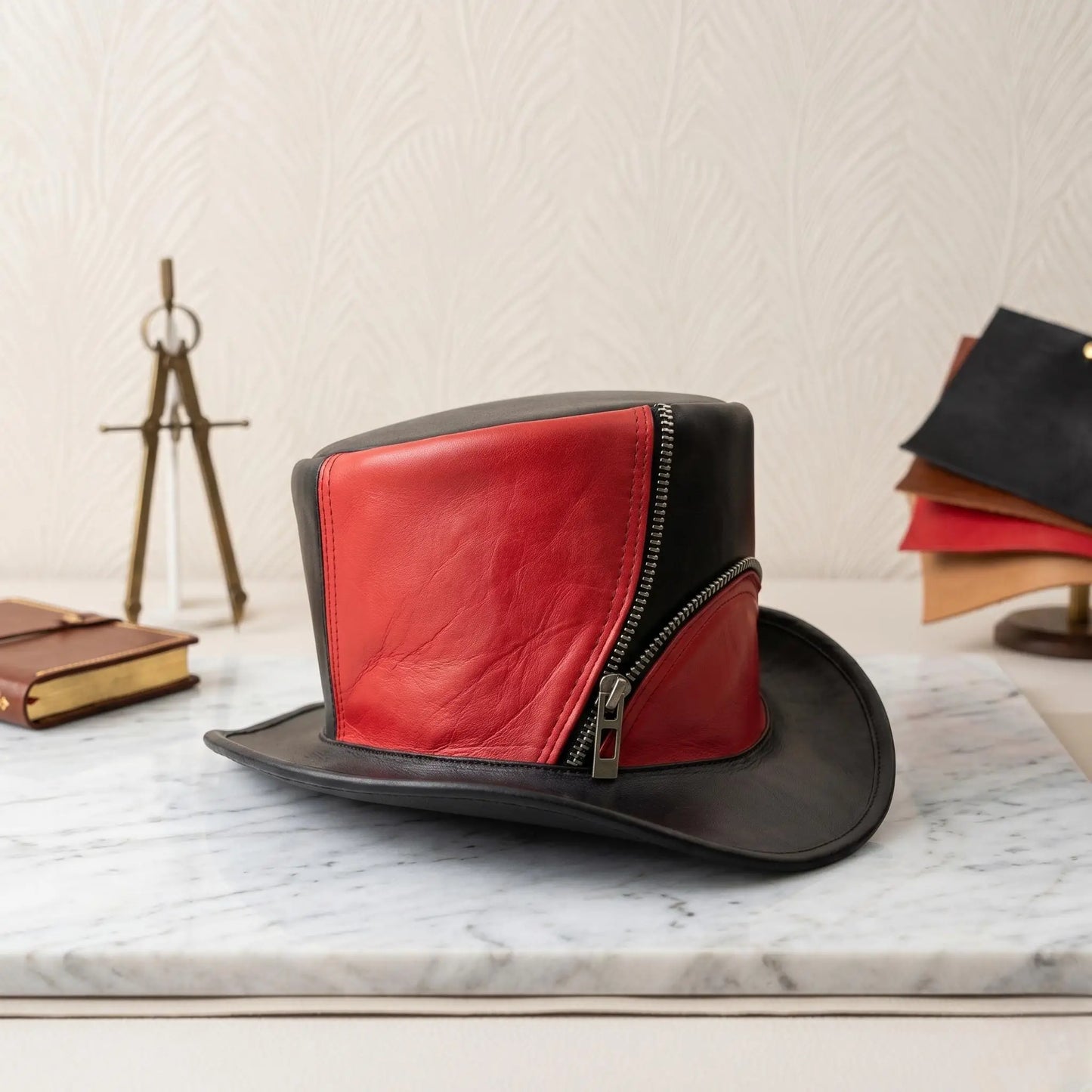 Steampunk Top Hat | Red & Black Gothic Leather Hat with Zipper Detail