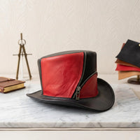 Steampunk Top Hat | Red & Black Gothic Leather Hat with Zipper Detail