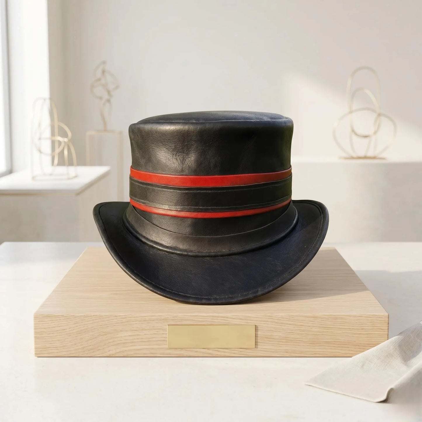 Steampunk Black Leather Top Hat with Crimson Bands | Victorian Cosplay Headwear
