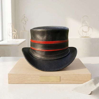 Steampunk Black Leather Top Hat with Crimson Bands | Victorian Cosplay Headwear