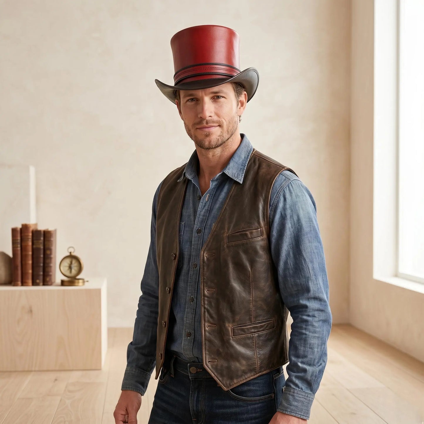 Handmade Red Leather Steampunk Top Hat – Victorian Gothic Cosplay & Festival Headwear